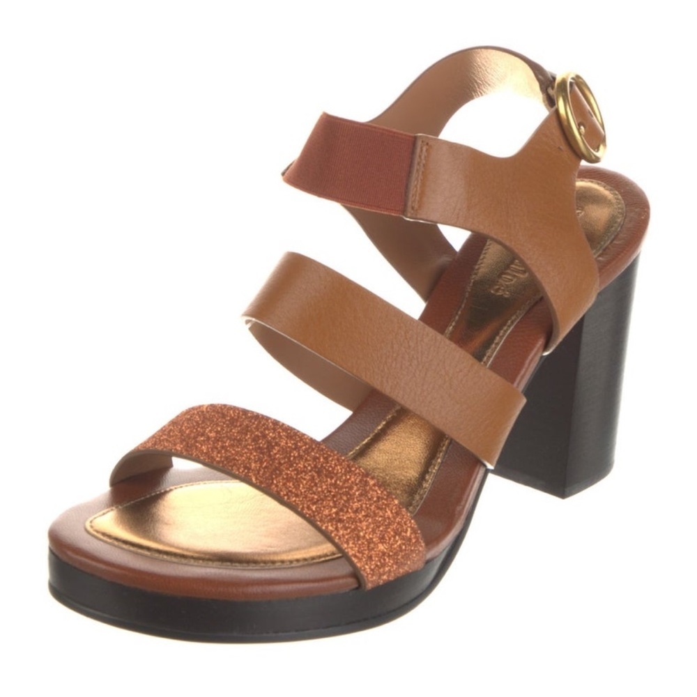 See by Chloé - NIB Lyna Leather Glitter Accent Platform Sandals Sz 38